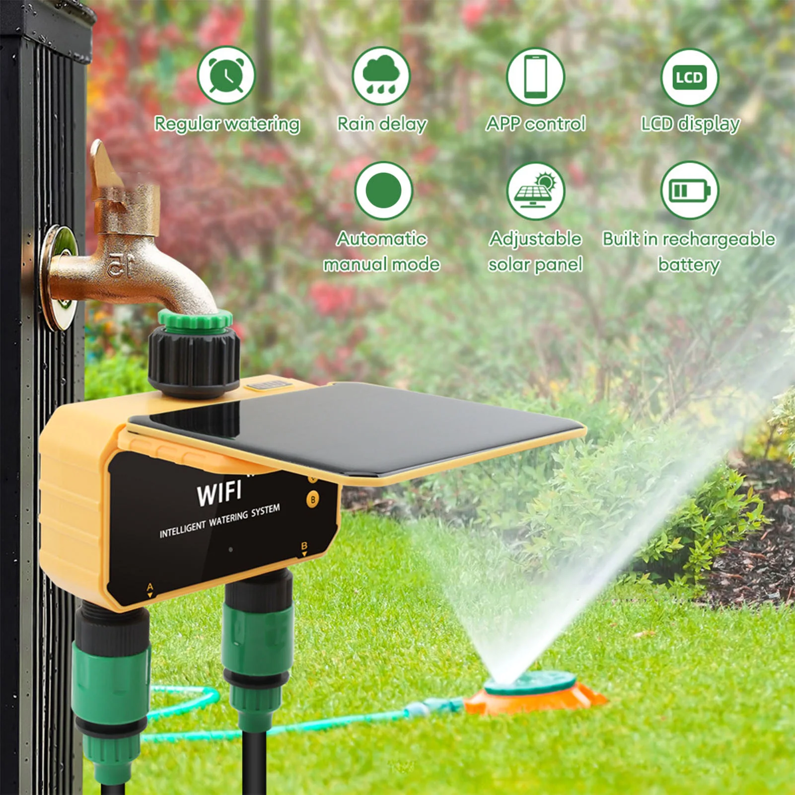 Smart Garden Solar - ตัวตั้งเวลาควบคุมการรดน้ำอัจฉริยะแบบโซลาร์ไวไฟ พร้อมฟังก์ชั่นตรวจจับฝน ควบคุมผ่านแอพพลิเคชั่น 2 ช่องจ่ายน้ำ สำหรับสวนและสนามหญ้า